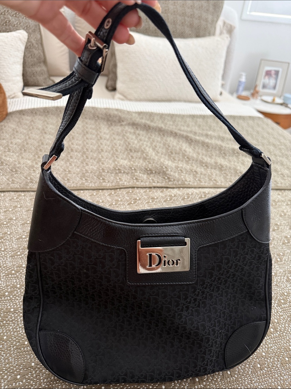 Dior Black Monogram Shoulder Hobo with Silver Plaque